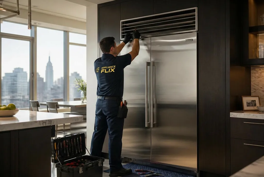 Technician servicing a built-in Sub-Zero refrigerator